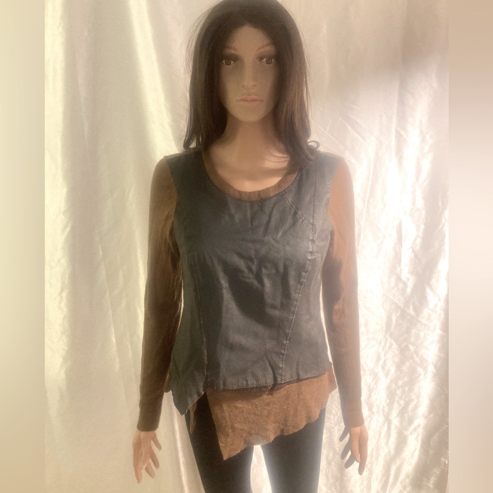 Brown Leather Front Long Sleeve Sweater